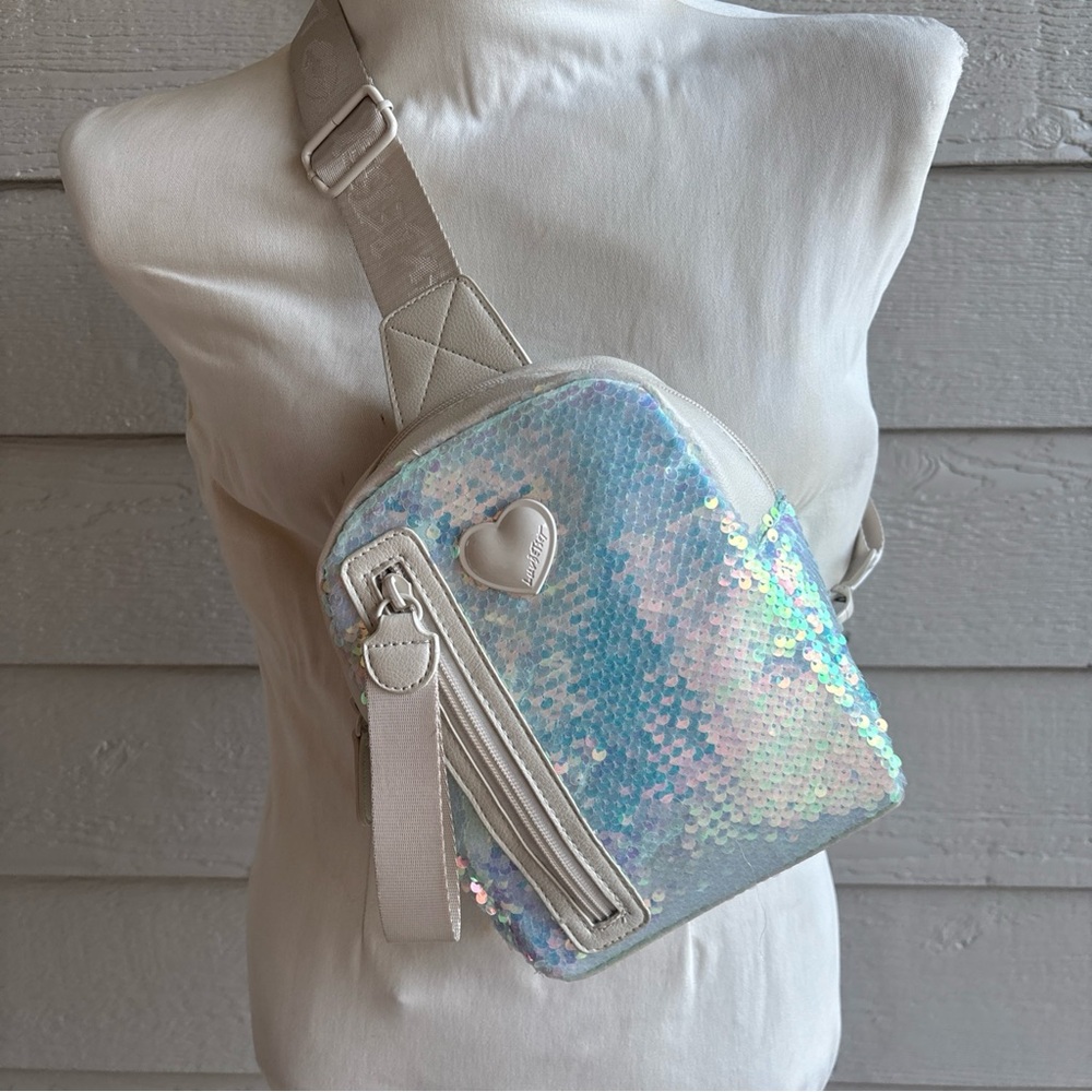 Betsey Johnson Sequin Heart Crossbody Bag white